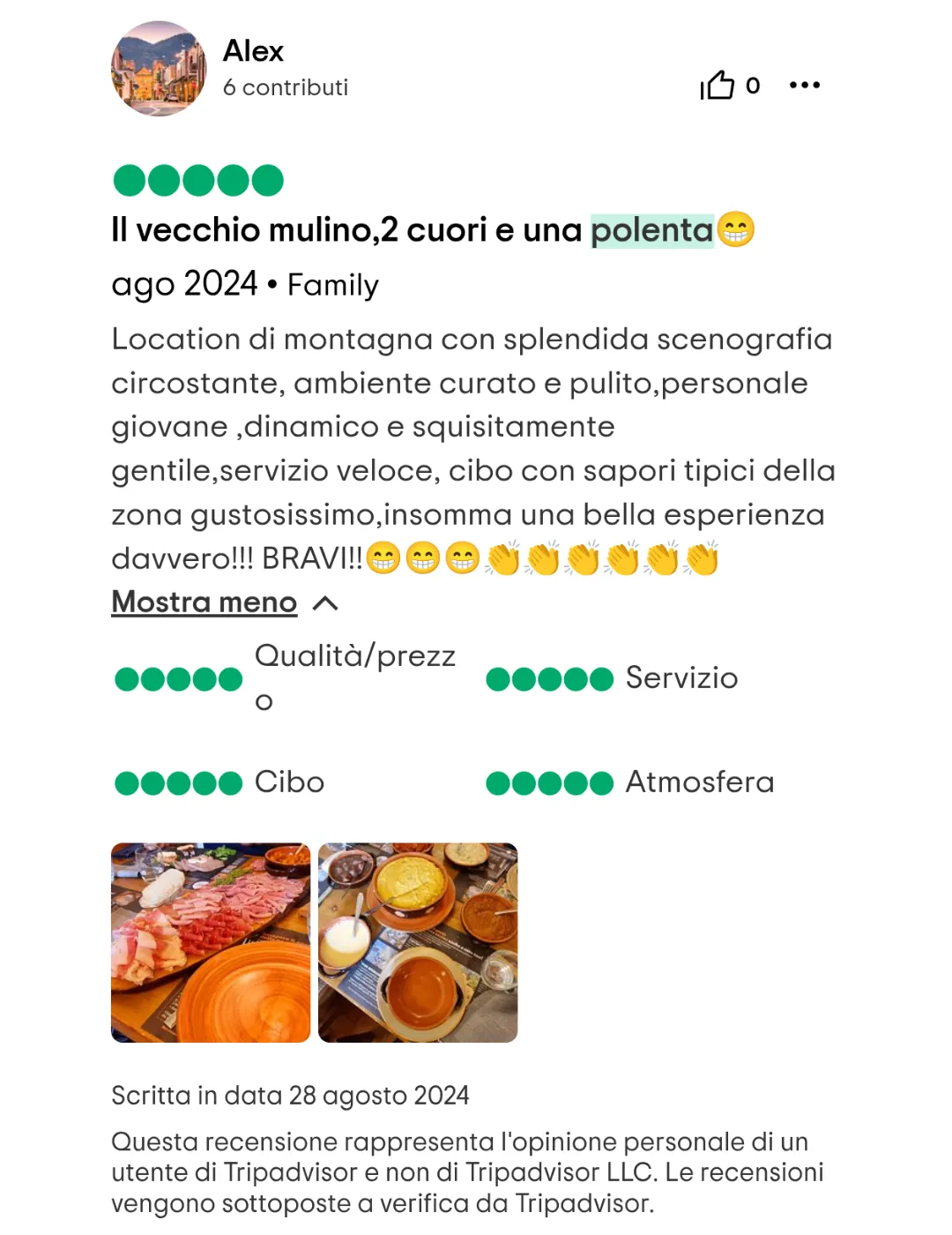 Recensione 4 Tripadvisor Polenta Mista Vecchio Mulino