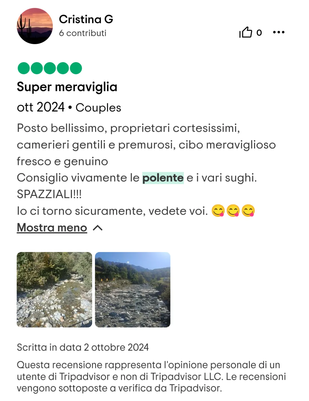 Recensione 5 Tripadvisor Polenta Mista Vecchio Mulino