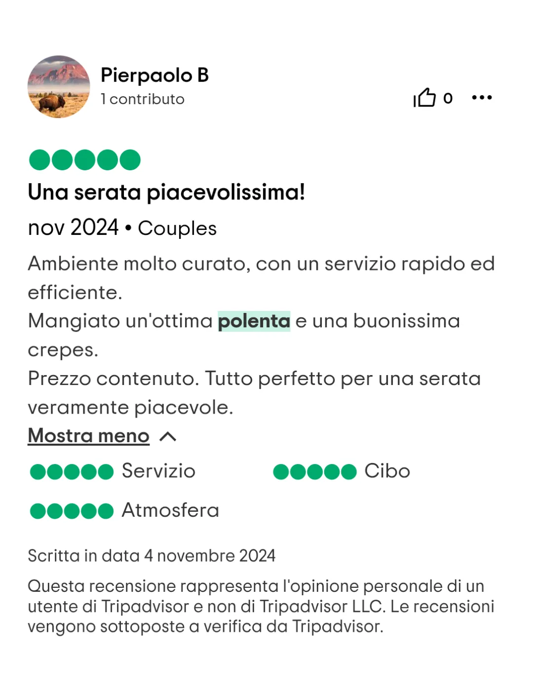 Recensione 6 Tripadvisor Polenta Mista Vecchio Mulino